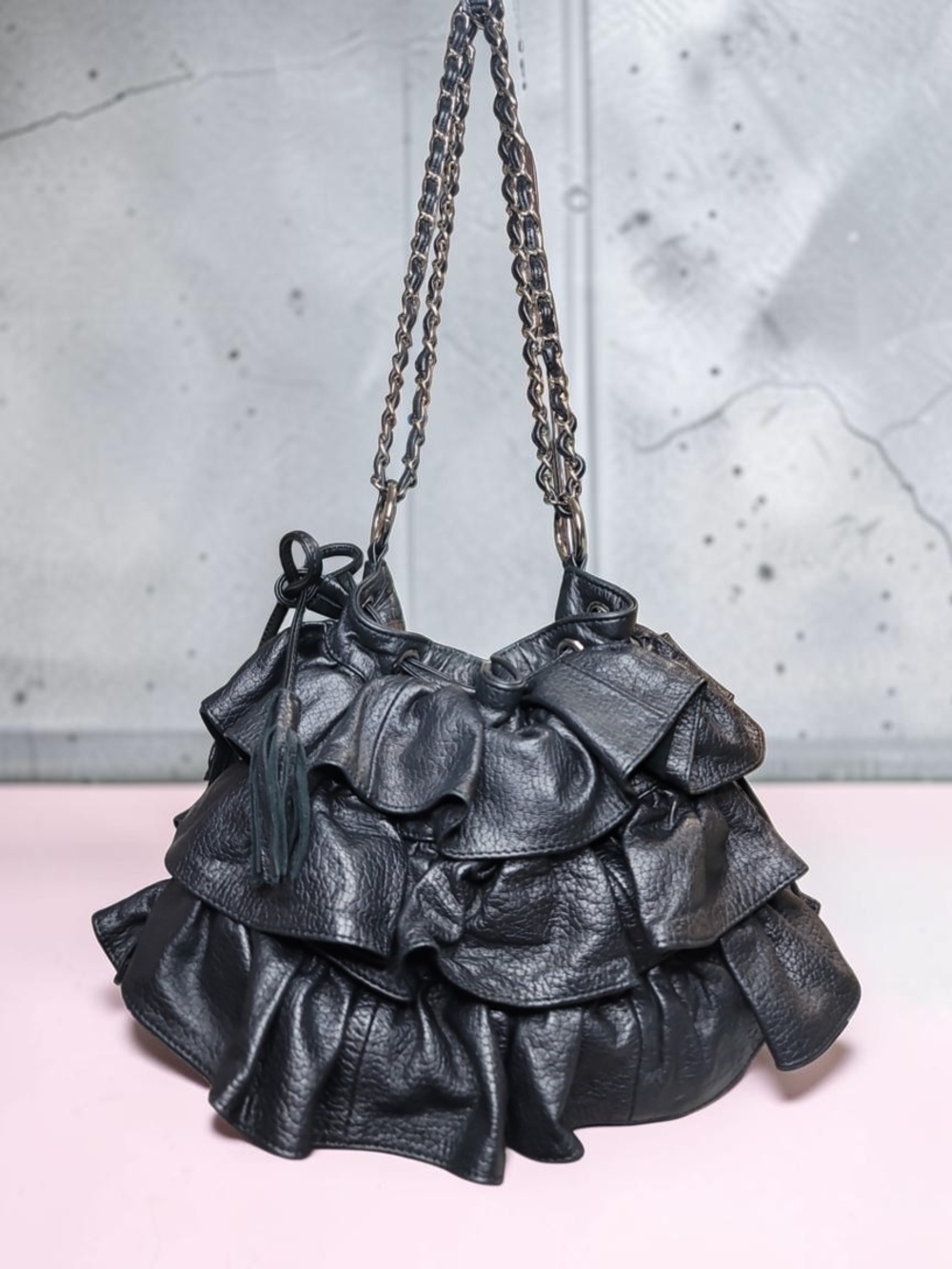Adrienne Vittadini Black Ruffle Leather Shoulder Bag with Chain Straps Vintage